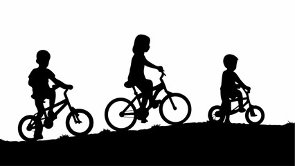 Fototapeta premium Silhouette of three children riding bicycles on a grassy hill against a white background in a simple scene