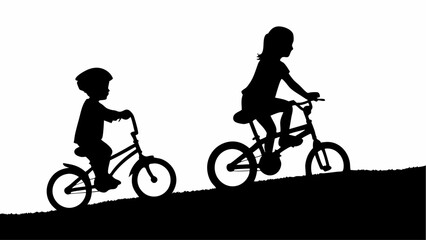 Obraz premium Two children riding bicycles in silhouette on a hill against a white background in a simple vector drawing