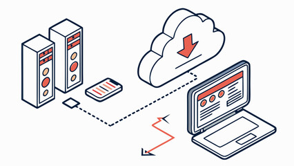 Illustration of servers connected to a cloud and a laptop via a mobile device network