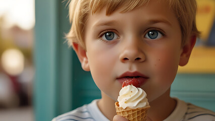 Joyful young boy with a big smile holding an ice cream cone on a sunny day
