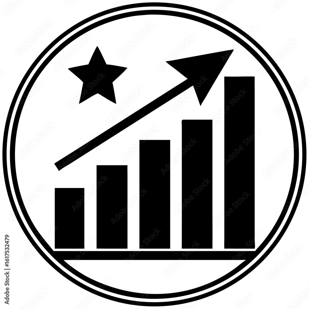 Poster bar chart with upward arrow and star symbol in monochrome style