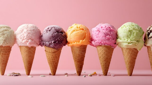 Assorted ice cream scoops in waffle cones against a pink backdrop.