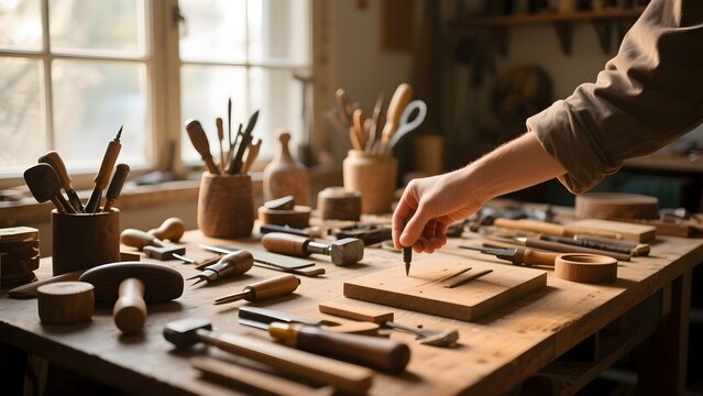 Craftsman working with woodworking tools in a well-lit workshop