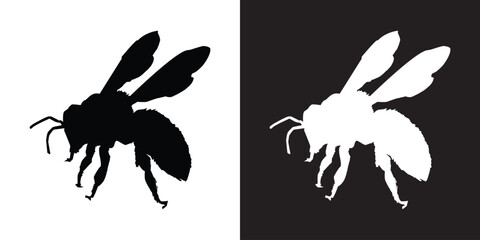 Black bee animal silhouette on white background and white on black background, simplified bee icon for stencil or print art, flat illustration vector image of animal in black and white.