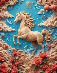 Chinese New Year leaping horse in wood elements, surrounded by roses, clouds, and lantens, elegant and festive design, wood carved style, traditional patterns, wallpaper