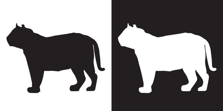 Black tiger animal silhouette on white background and white on black background, simplified tiger figure for stencil or print art, flat illustration vector image of animal in black and white.