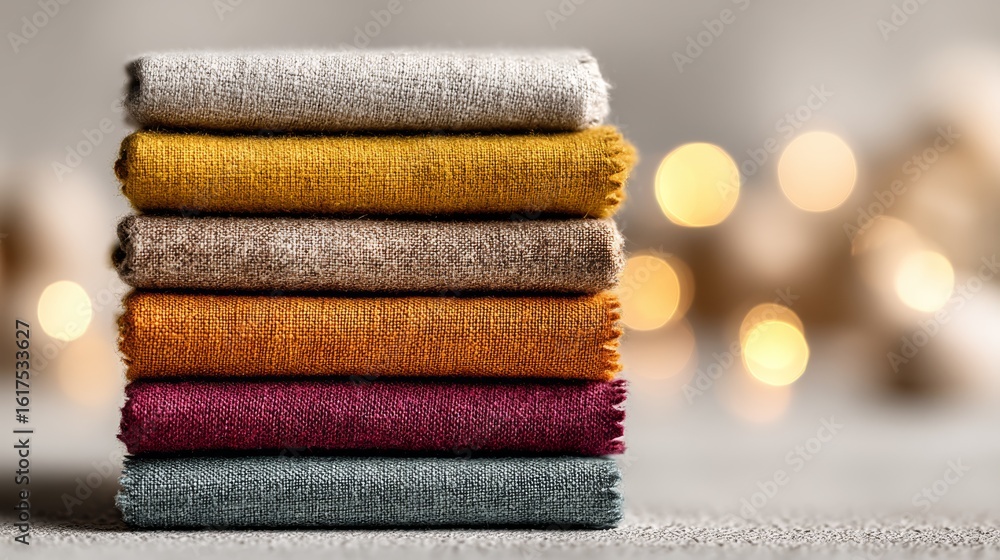 Poster neatly folded stack of colorful linen fabrics with a soft, blurred background and warm bokeh lights.