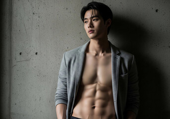 Stylish young Asian man with six-pack abs wearing an open blazer poses against a concrete wall. Fashion portrait showcasing masculinity, confidence, and modern urban style.
