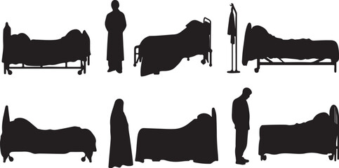 Silhouette Hospital Beds and People: Medical Care Illustration