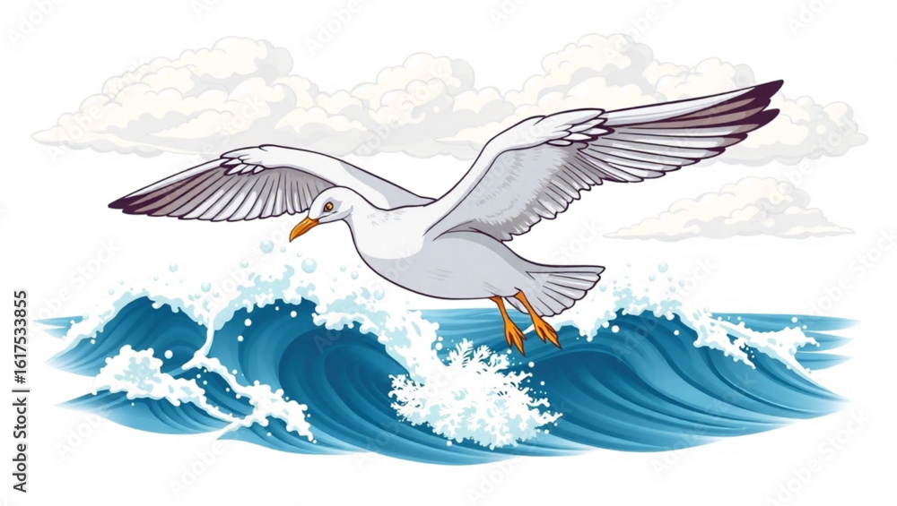Poster a white seagull soars above the ocean waves with clouds in the background in a cartoon illustration 