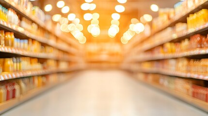 Blurred supermarket aisle with bright overhead lights