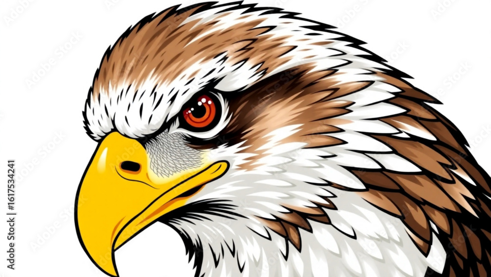 Poster close up illustration of an eagle head with detailed feathers and a sharp yellow beak looking intens