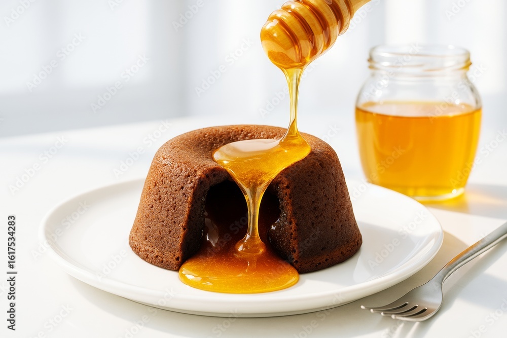Poster honey being drizzled over a moist chocolate lava cake on a white plate with a jar of honey in the ba