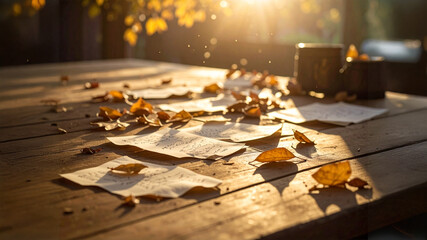  Warm sunlight bathes a wooden table scattered with golden autumn leaves and handwritten notes, evoking a cozy, nostalgic atmosphere of reflection and nature's beauty.
