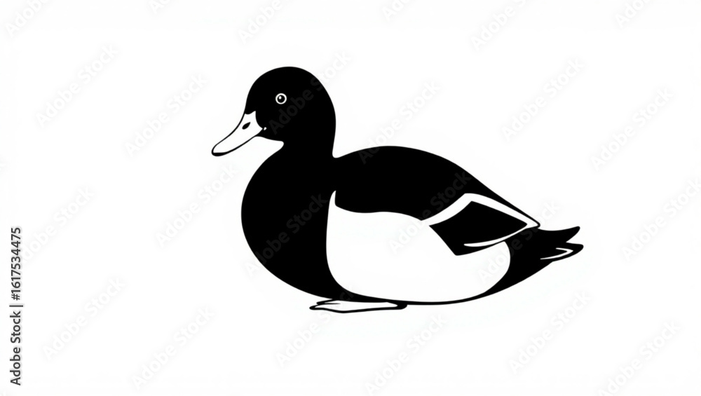 Poster illustration of a black and white duck with a smooth outline sitting on a white background space cre
