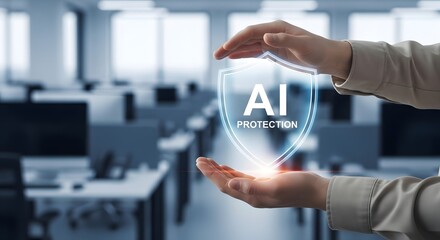 Artificial intelligence protection concept with hands holding ai shield in office