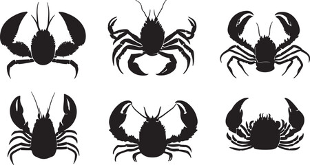 Silhouette Crayfish Clipart Set: Black Crustacean Illustrations