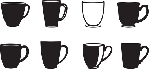 Black Coffee Mug Silhouettes Set Isolated on White Background