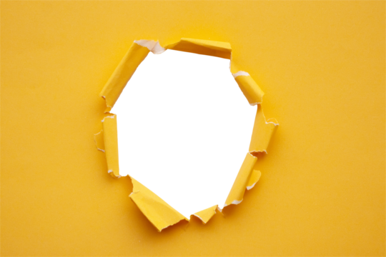 Torn ripped yellow paper hole isolated on white background - Powered by Adobe