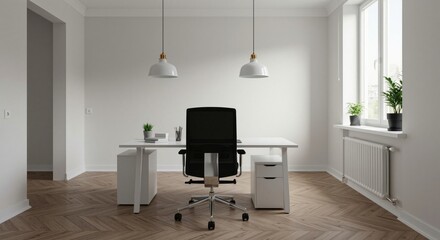 Modern Workspace Design for Productivity in Minimalist Style, Bright Environment, Focused Viewpoint on Functionality and Comfort