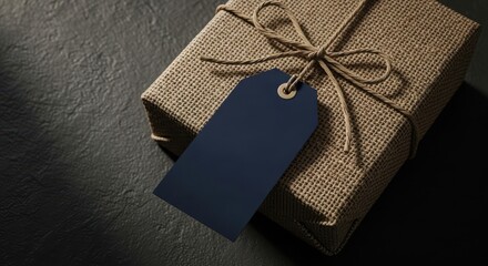 Rustic gift box tied with twine and a dark blue gift tag