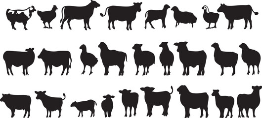 Black Silhouette Farm Animals Cattle Sheep Chicken Vector Art