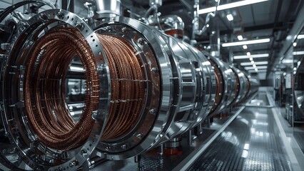High-resolution image of advanced particle accelerator chamber with intricate metallic details in a high-tech facility