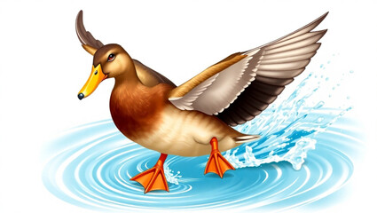Obraz premium A duck with brown feathers and orange feet is landing on the water with wings spread wide open now created with generated ai