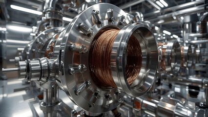 Close-up of metallic particle accelerator chamber with copper coils and stainless steel rings in futuristic lab
