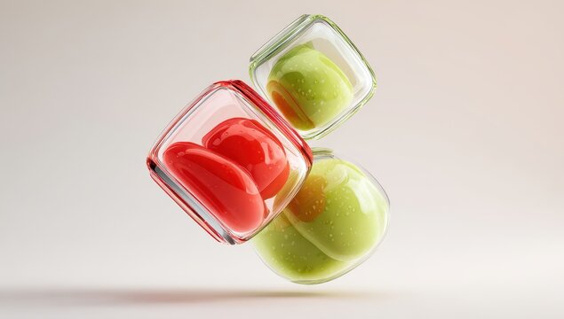 Transparent cubes, red and lime-green orbs, levitating