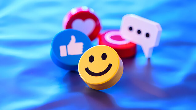 Vibrant Social Media Icons Depicting Engagement and Positive Sentiment with Colorful Designs and Playful Visuals on a Blue Background - Powered by Adobe