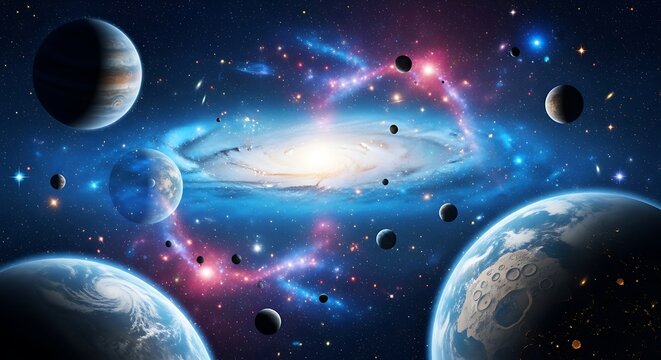 A vibrant cosmic scene showcasing planets, galaxies, and celestial bodies in deep space.