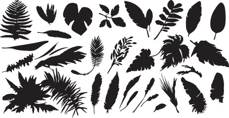 Black Leaf Silhouettes: Tropical Foliage Vector Set, Botanical Art