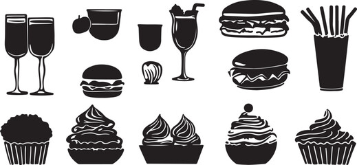 Black and White Food Icons Set: Burgers, Cupcakes, Drinks, and Fries
