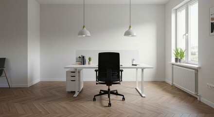 Office Space, Modern Desk Setup, Cozy Room, Interior Design, Bright Environment, Wide Angle, Minimalist Concept for Productive Work Atmosphere