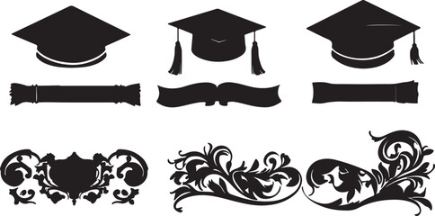 Graduation Silhouettes: Mortarboards, Scrolls, Banners, and Floral Designs