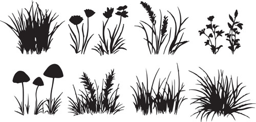 Black Silhouette Grass and Plants Vector Illustrations for Design