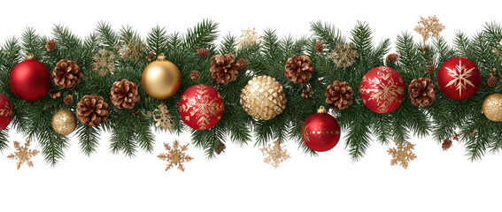 Holiday garland with red and gold ornaments, pine cones, and greenery