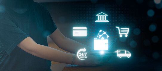 E-wallet, online payment by digital wallet concept. Woman use online banking service applications, mobile banking, credit card, transfer, money transactions with fintech, e-commerce