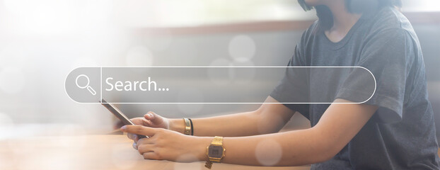 Women search with AI assistants, search on virtual screen, artificial intelligence data technology, SEO search engine