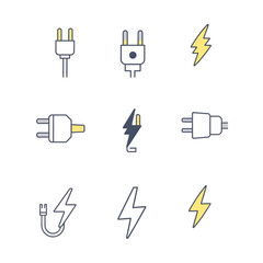 Electric power plug icon set. Electricity wire cord socket sign. Electrical symbol element. Vector stock illustration. Thunder bolt lightning icons set.