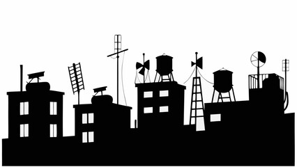 Silhouette of city rooftops with water towers antennas and various rooftop structures against a white background