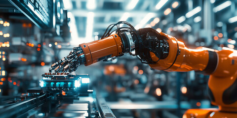 Robotic Arm in High-Tech Industrial Factory, Automation Technology with Robotic Arm in Manufacturing, Robotic Arm Assembling in Modern Factory

