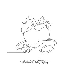 One continuous line drawing of World Heart Day vector illustration. World Heart Day themes design concept in simple linear continuous line. Great vector design for social and healthcare campaign.