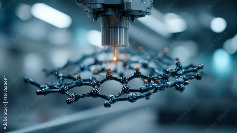 Poster a robotic machine precisely manipulates a graphene molecular structure in a high-tech laboratory env