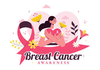 Breast Cancer Awareness Month Vector Illustration of Diverse Women with Pink Support Ribbon for Healthcare Campaign, Solidarity and Medical Prevention
