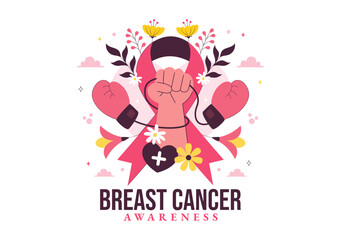 Breast Cancer Awareness Month Vector Illustration of Diverse Women with Pink Support Ribbon for Healthcare Campaign, Solidarity and Medical Prevention