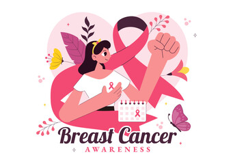 Breast Cancer Awareness Month Vector Illustration of Diverse Women with Pink Support Ribbon for Healthcare Campaign, Solidarity and Medical Prevention