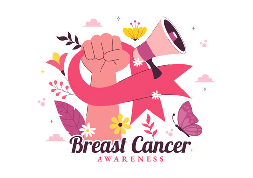 Breast Cancer Awareness Month Vector Illustration of Diverse Women with Pink Support Ribbon for Healthcare Campaign, Solidarity and Medical Prevention