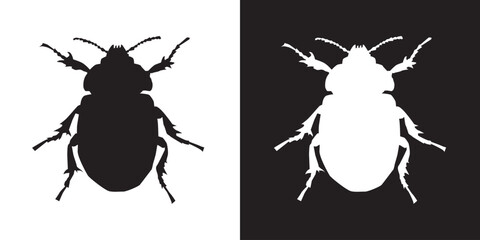 Black beetle animal silhouette on white background and white on black background, simplified beetle figure for stencil or print art, flat illustration vector image of animal in black and white.